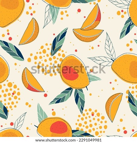 Doodle mango and abstract elements. Vector seamless pattern. Hand drawn illustrations.