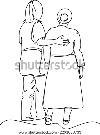 A young girl nurse hugs an elderly woman. Mothers Day. Mother with daughter. line drawing