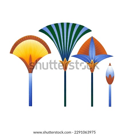 Set of decorative ornamental plants in the style of ancient egypt, isolated on a white background. Digitally painted illustartion in the technique of an airbrushing.