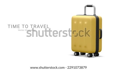 Realistic plastic suitcase. Yellow travel bag isolated on white background. Traveling banner template. 3 D Vector Illustration Royalty-Free Stock Photo #2291073879