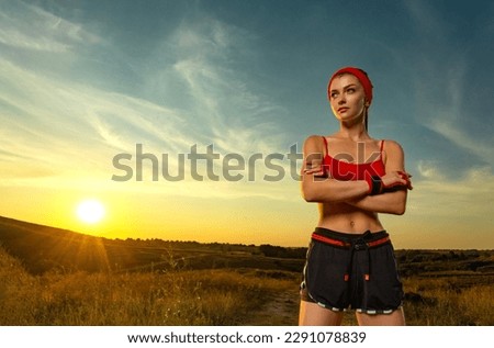 Fit woman Influencer outdoors. Download photo for advertising a fitness club in social networks. Workout for women outdoor. Cover for sport motivation music. Runner concept