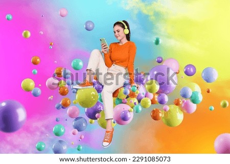 Collage portrait of positive peaceful girl sitting colorful floating blob bubbles use smart phone listen music earphones isolated on painted background Royalty-Free Stock Photo #2291085073