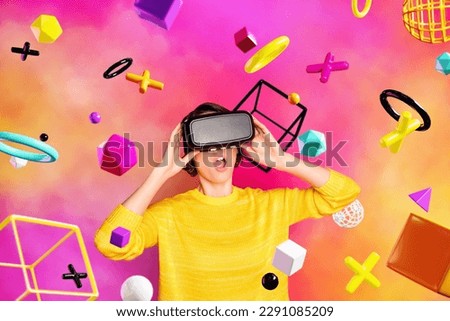Composite collage image of astonished girl experience vr glasses interact metaverse colorful flying elements isolated on painted background