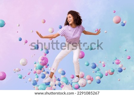 Composite collage image of positive peaceful girl walking metaverse flying colorful bubbles isolated on drawing creative background