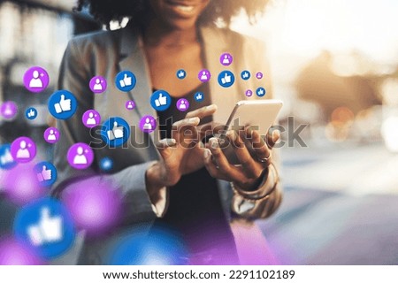 Hands, social media icon or black woman with phone for communication, texting or online chat in city. Overlay, girl typing on mobile app website or digital networking with like or heart emoji