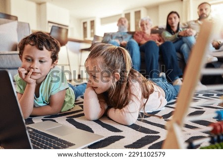 Laptop, floor and children with family relaxing on sofa for online education, home development and watch movies together. Happy kids on carpet with computer and grandparents on couch for holiday film