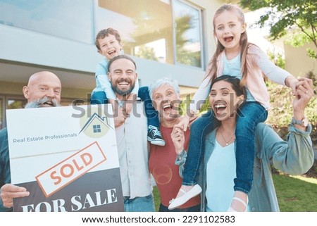 Real estate, portrait and happy family outside of new house, excited and smiling in a garden. Property sign, sale and kids, parents and grandparents celebrating and moving into dream home in the yard
