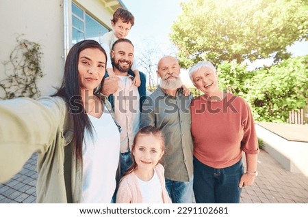 Happy family, selfie and grandparents with kids in backyard for happiness, holiday or love for social media. Senior man, woman and couple with children with excited face, smile and profile picture
