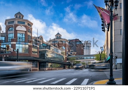 Early morning traffic is moving on downtown Main Street of Midwest American city of Lexington, Kentucky Royalty-Free Stock Photo #2291107191