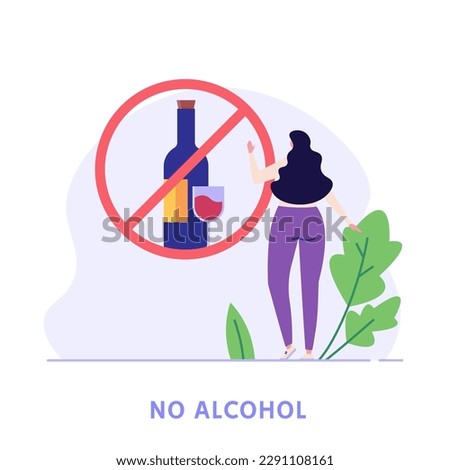 Stop drinking illustration. Healthy people refuse alcoholic drinks. Concept of alcohol addiction, sober, healthy lifestyle without alcohol. Vector flat cartoon design for web banners Royalty-Free Stock Photo #2291108161