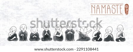 Cute buddhist monks hand drawn with ink on rice paper background. Traditional oriental ink painting sumi-e, u-sin, go-hua on rice paper background. Illustration with Jizo japanese deity. Royalty-Free Stock Photo #2291108441