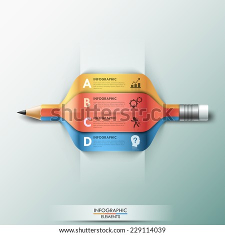 Modern infographic template with unusual pencil made of 4 colorful paper ribbons.  Vector. Can be used for web design and  workflow layout