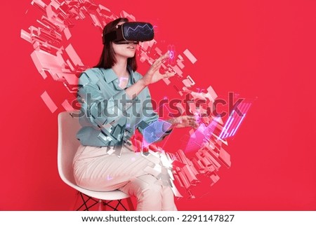 Banner template collage of manager lady using goggles artificial intelligence improve software connection research