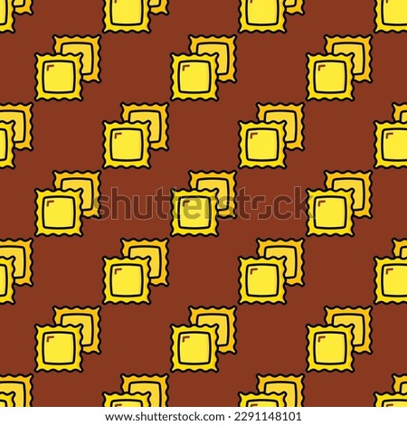 Striking square tile with an amusing food portrait. Seamless pattern with ravioli on burnt umber background. Design for an abstract border.