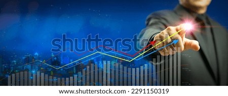 Businessman showing virtual increasing technical graph and up arrow for trader analysis. stock, cryptocurrency chart trader, trading, profits and business growth, investment and finance concept.