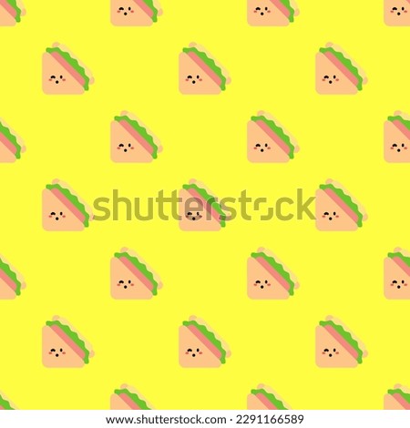 Exquisite square tile adorned with an amusing food portrait. Seamless pattern with sandwich on icterine background. Design for a beaded trim.