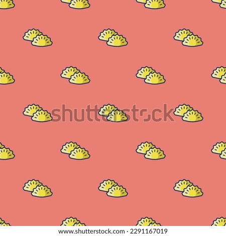 Colorful ceramic tile featuring a cheerful food design. Seamless pattern with dumpling on tea rose (rose) background. Design for a tamper-proof wrap for French fries.