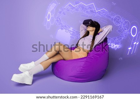 Template collage poster of relaxing young lady sitting bean chair use goggles analyze cyber holographic image business presentation