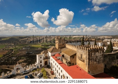 Panoramic view of Parador Fortress on Plaza de Cabildo in the white city of Arcos de la Frontera, in the province of Cadiz, Spain Royalty-Free Stock Photo #2291188071