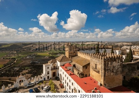 Panoramic view of Parador Fortress on Plaza de Cabildo in the white city of Arcos de la Frontera, in the province of Cadiz, Spain Royalty-Free Stock Photo #2291188101