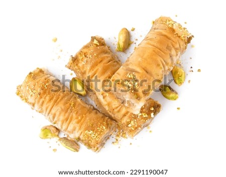 Tasty baklava isolated on white background, closeup Royalty-Free Stock Photo #2291190047