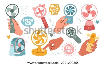 Table fan hand fan in flat style. Modern electric fan different types colors set realistic vector illustration. Royalty-Free Stock Photo #2291200355