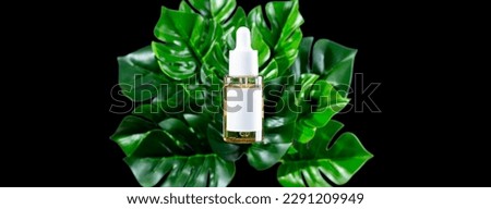 Dropper mockup with essential oil or serum with vitamin c on black background product photography of cosmetics or accessories with large tropical monstera leaves.
