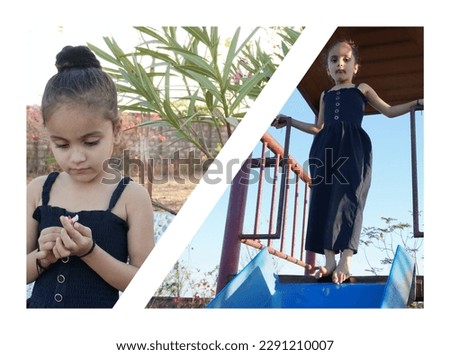 Kid playing outdoor with portrait photo filter effect. Beautiful brown hair and hands different style.