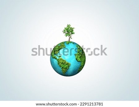 Invest in our planet. Earth day 2023 concept background. Ecology concept. Design with globe map drawing and leaves isolated on white background.  Royalty-Free Stock Photo #2291213781