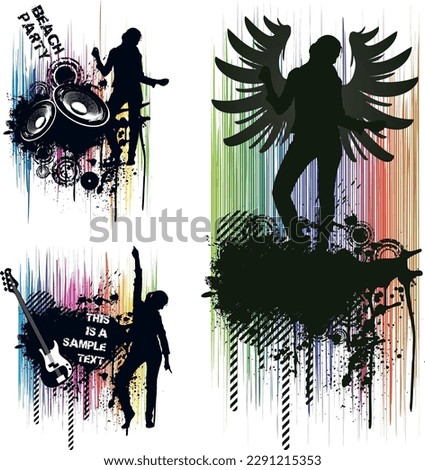 A collage of pictures with a man with wings on it and a guitar in vector format