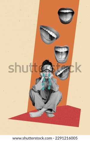 Vertical collage picture of unsatisfied moody black white effect girl crying big talking smiling mouth say tell hate isolated on drawing background