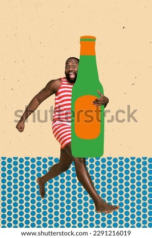 Vertical collage picture of positive astonished mini guy arm hold huge drawing beer bottle isolated on creative background