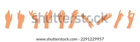Poses of female hands set. Gesturing. People's hands in different positions. Human palms and wrist. Vector illustration in cartoon style. Isolated on white background.
