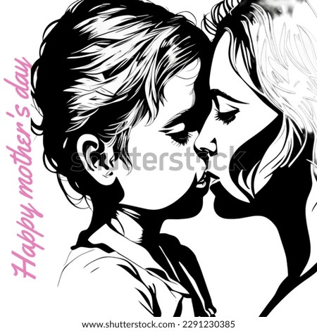 illustration of mother kissing daughter lips in black and white line art with phrase "happy mother's day" isolated white background. suitable for mom wishes, birthday, celebration. 