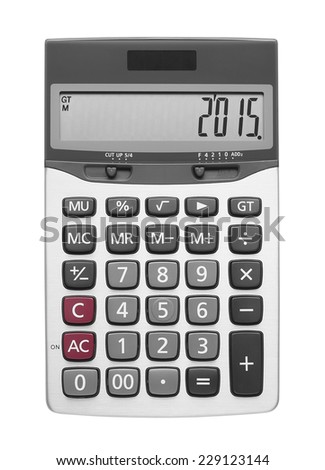 Happy New Year 2015 on Silver Calculator, isolated included clipping path Royalty-Free Stock Photo #229123144