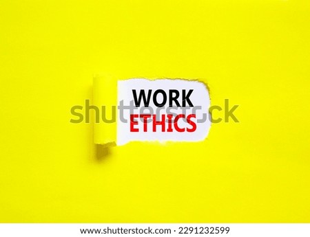 Work ethics symbol. Concept words Work ethics on beautiful white paper. Beautiful yellow table yellow background. Business and Work ethics concept. Copy space.