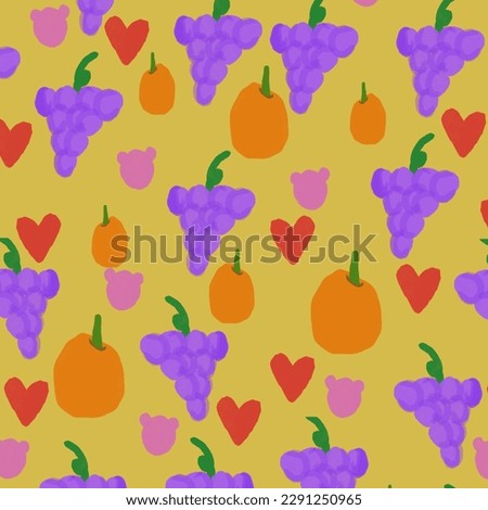 cute mixed fruit  In hearts and large pink polka dots on a yellow background.