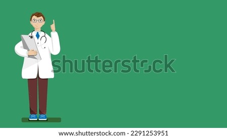 Doctor cartoon character in full growth holding a tablet. Clip-art isolated on green background. Professional advice. medical concept
