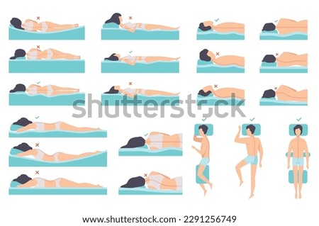 Correct and incorrect posture of spine during sleep set. Men and women sleeping in different poses cartoon vector Royalty-Free Stock Photo #2291256749