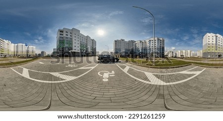 360 hdri panorama view with skyscrapers in new modern residential complex on parking for people with disabilities in equirectangular spherical projection, ready VR virtual reality content