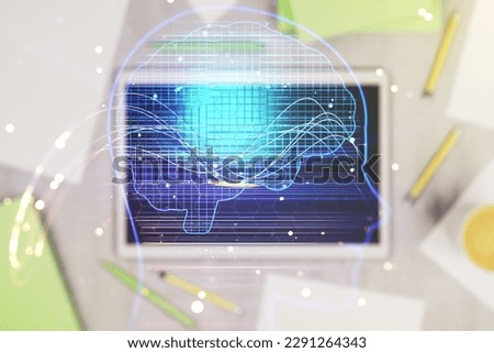 Double exposure of creative human head microcircuit and modern digital tablet on background. Future technology and AI concept