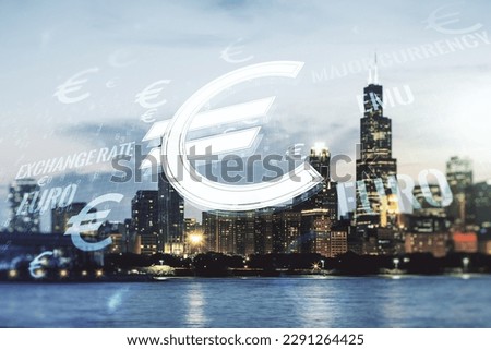Virtual EURO symbols illustration on Chicago cityscape background, forex and currency concept. Multiexposure