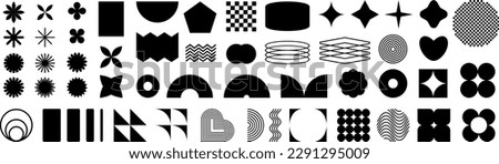 Abstract geometric shape silhouettes, black brutalism forms. Brutal contemporary figure star oval spiral flower and other primitive elements.