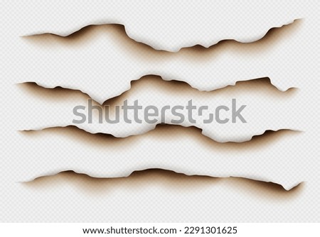 Burnt paper edges, scorched parchment, realistic torn edge with ash effect isolated on a light background. Vector illustration. Royalty-Free Stock Photo #2291301625