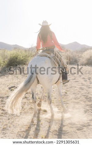 cowgirl spinning on her mustang horse Royalty-Free Stock Photo #2291305631