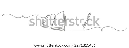 Opened book and pen in one continuous line drawing. Education study and knowledge library concept in simple linear style. Editable stroke. Doodle vector illustration
