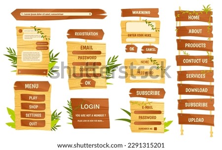 Set of wooden panels. Interface for website, mobile applications and programs. Authorization, registration, menu and UI and UX design. Cartoon flat vector illustrations isolated on white background
