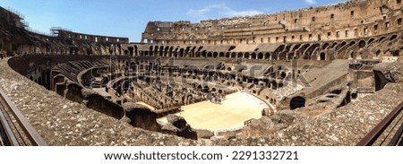 Wide Panorama Inside Roman Colosseum, Rome, Italy, Panoramic Ancient Rome Royalty-Free Stock Photo #2291332721