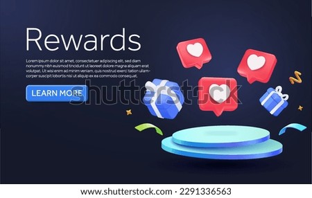 3D floating Social Media Facebook Instagram Heart icons with gift boxes over podium isolated on background. Banner design concept with CTA for promotion, advertising. 3D vector illustration.