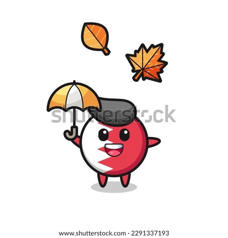 cartoon of the cute bahrain flag badge holding an umbrella in autumn , cute style design for t shirt, sticker, logo element